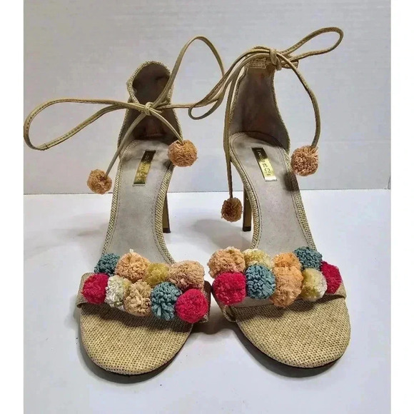 Louise et Cie Kizzy Colorful Pom‎ Pom Heels Sz 8.5 Straw Fabric Wood Heel - Picture 1 of 8
